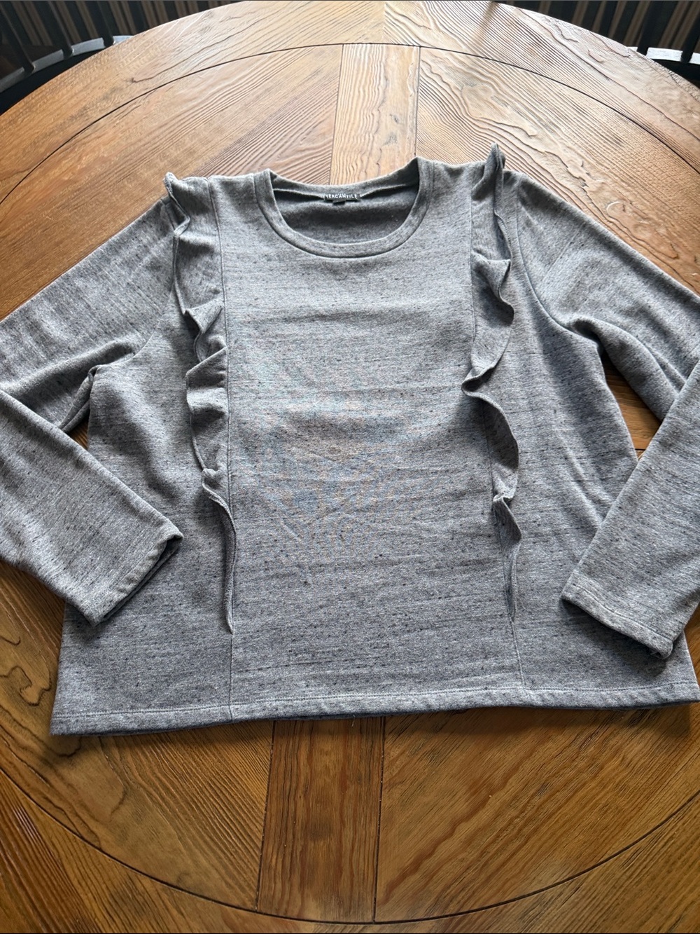 J Crew Mercantile Gray Ruffle Long Sleeve Top